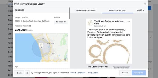 Screenshot of an ads target radius for The Drake Center on Facebook