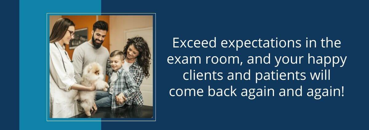 Photo of a happy family in an exam room with their dog and a veterinarian