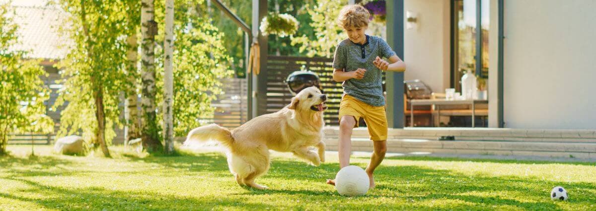 Playing out side is great for kids and dogs to get excercise - boy playing soccer with dog