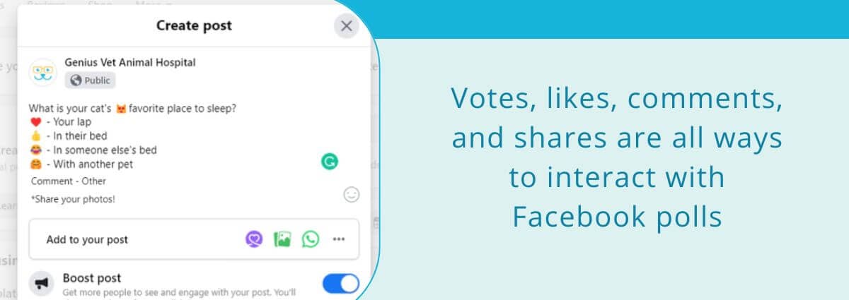 Votes, likes, comments, and shares are all ways to interact with Facebook polls