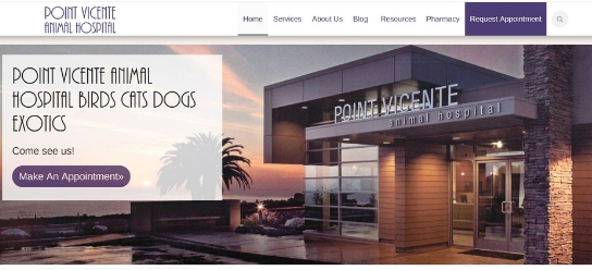 Screenshot of Point Vicente Animal Hospital home page, showing their building